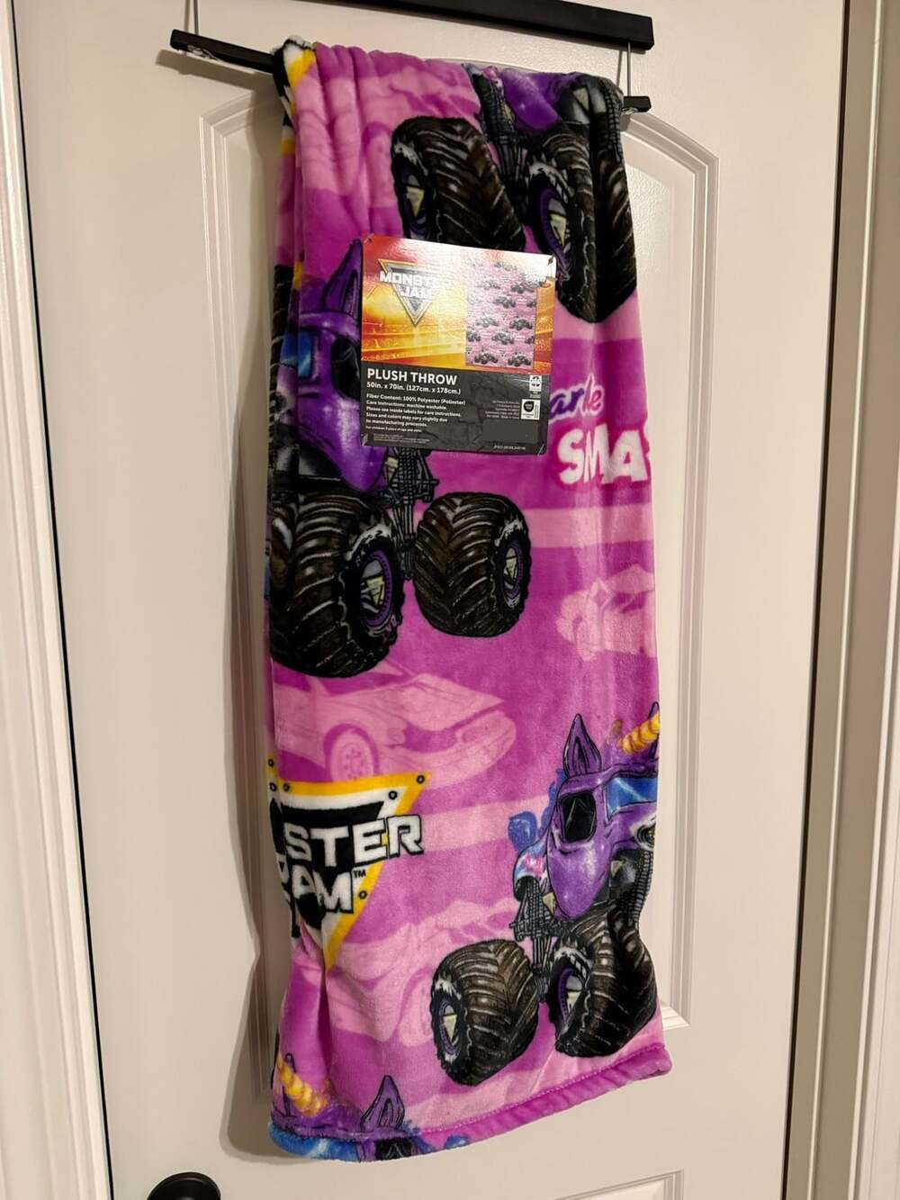 Monster Jam Sparkle Smash Plush Throw Blanket Size 50in. x 70in. Pink